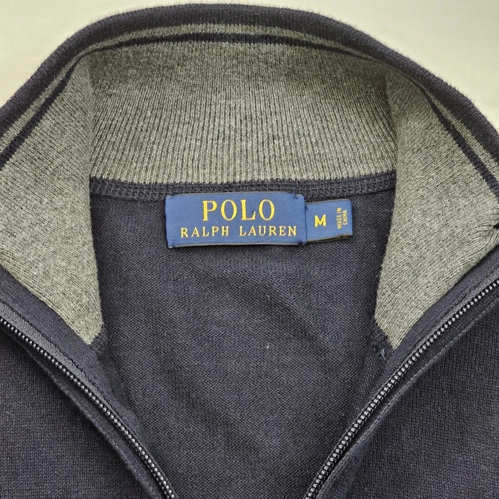 Polo Ralph Lauren Sweater Mens Medium Blue Navy‎ Quarter Zip Mock Neck Pony Logo